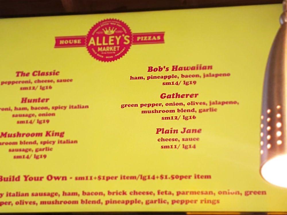 Menu at Alley's Market pizzeria, Traverse City