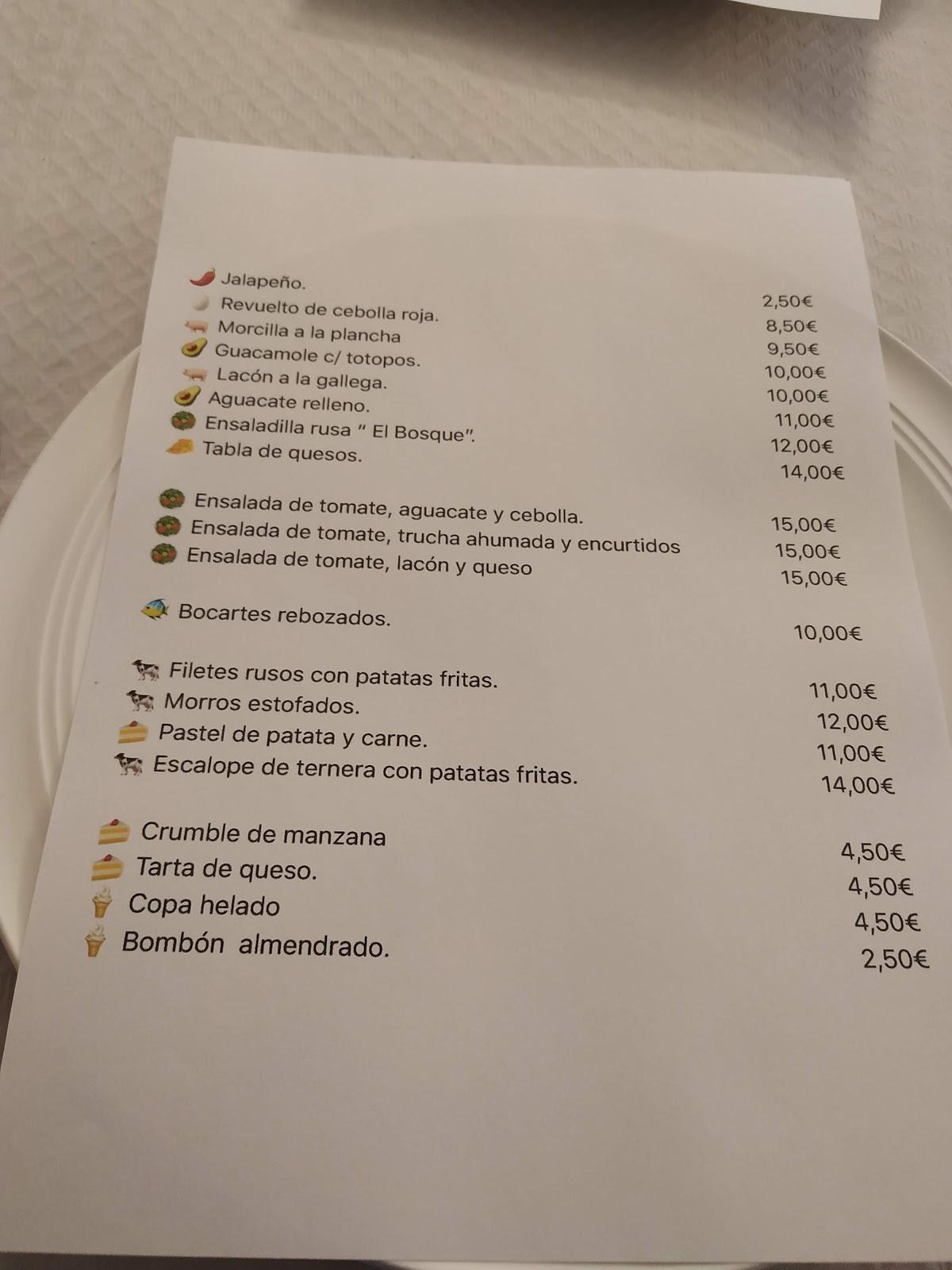 Menu at Bar El Bosque, Hoznayo