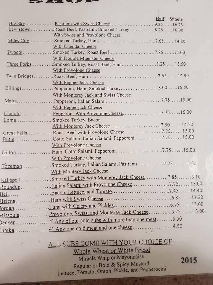 Menu at Montana Sub Shop restaurant, Great Falls