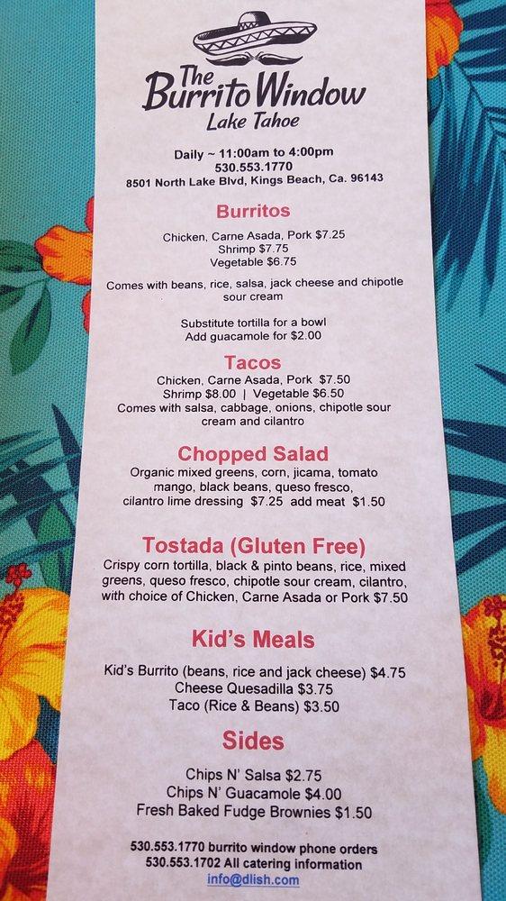 Menu at The Burrito Window restaurant, Kings Beach