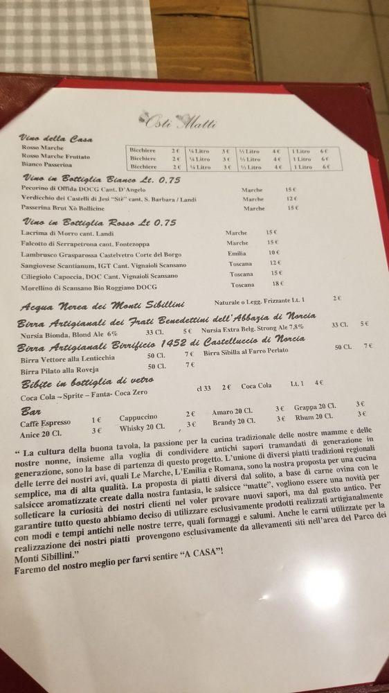 Menu at Trattoria Osti Matti restaurant, Rome