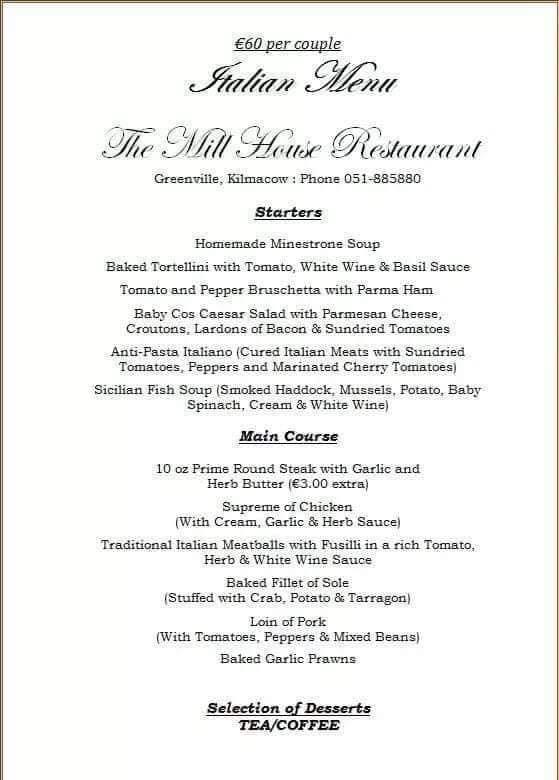 Menu at Mill House restaurant, Ireland, Greenvill