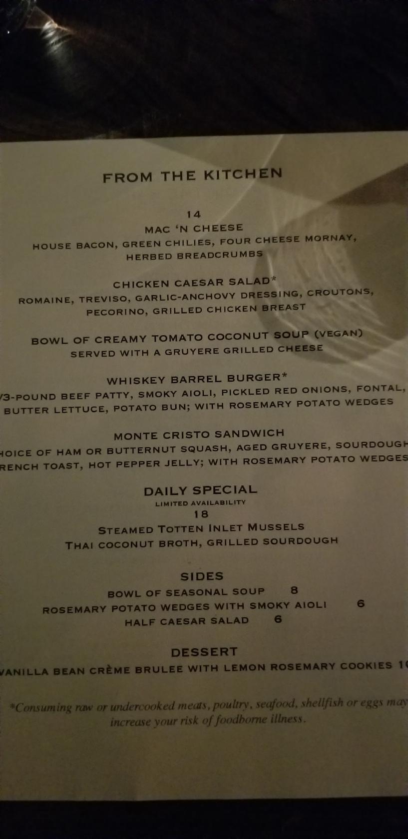 Menu at Whiskey Barrel Lounge, Happy Valley