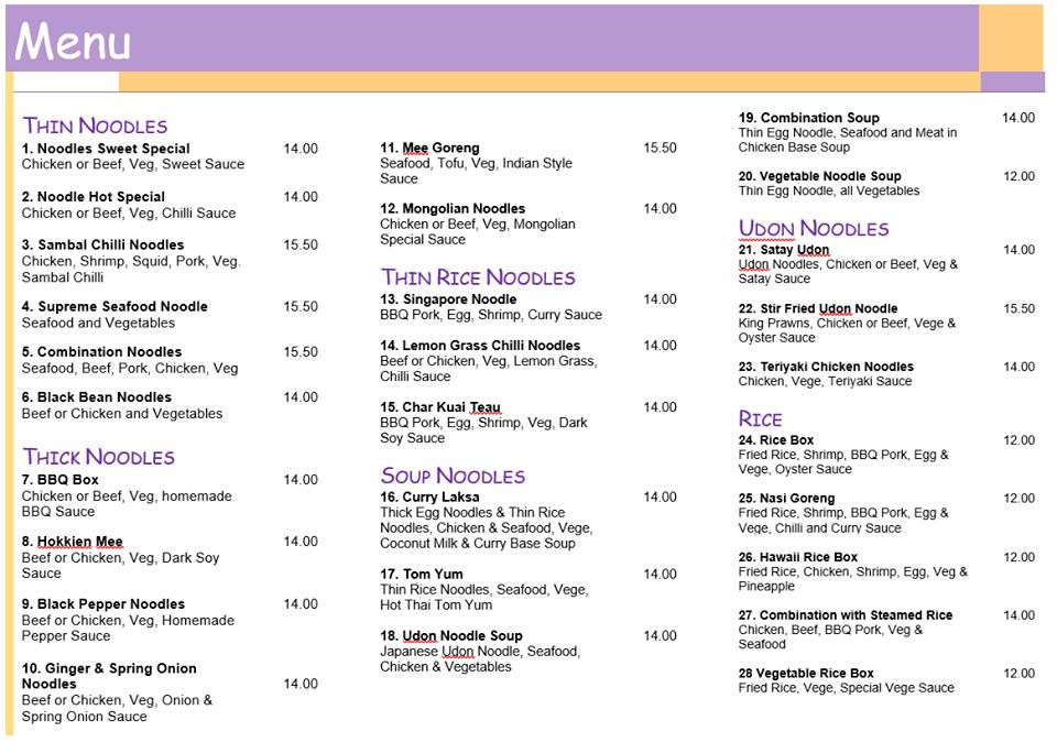 Menu at Noodle Tonight restaurant, Bairnsdale