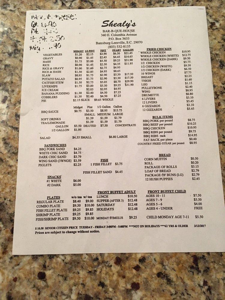 Menu at Shealy's BarBQue, BatesburgLeesville
