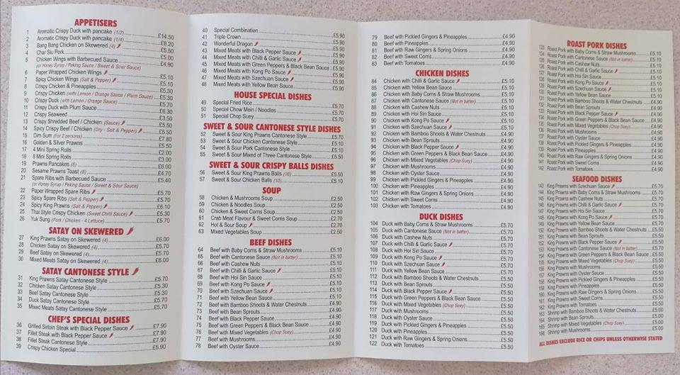 Menu at Sunnyhill Chinese Takeaway restaurant, Stone