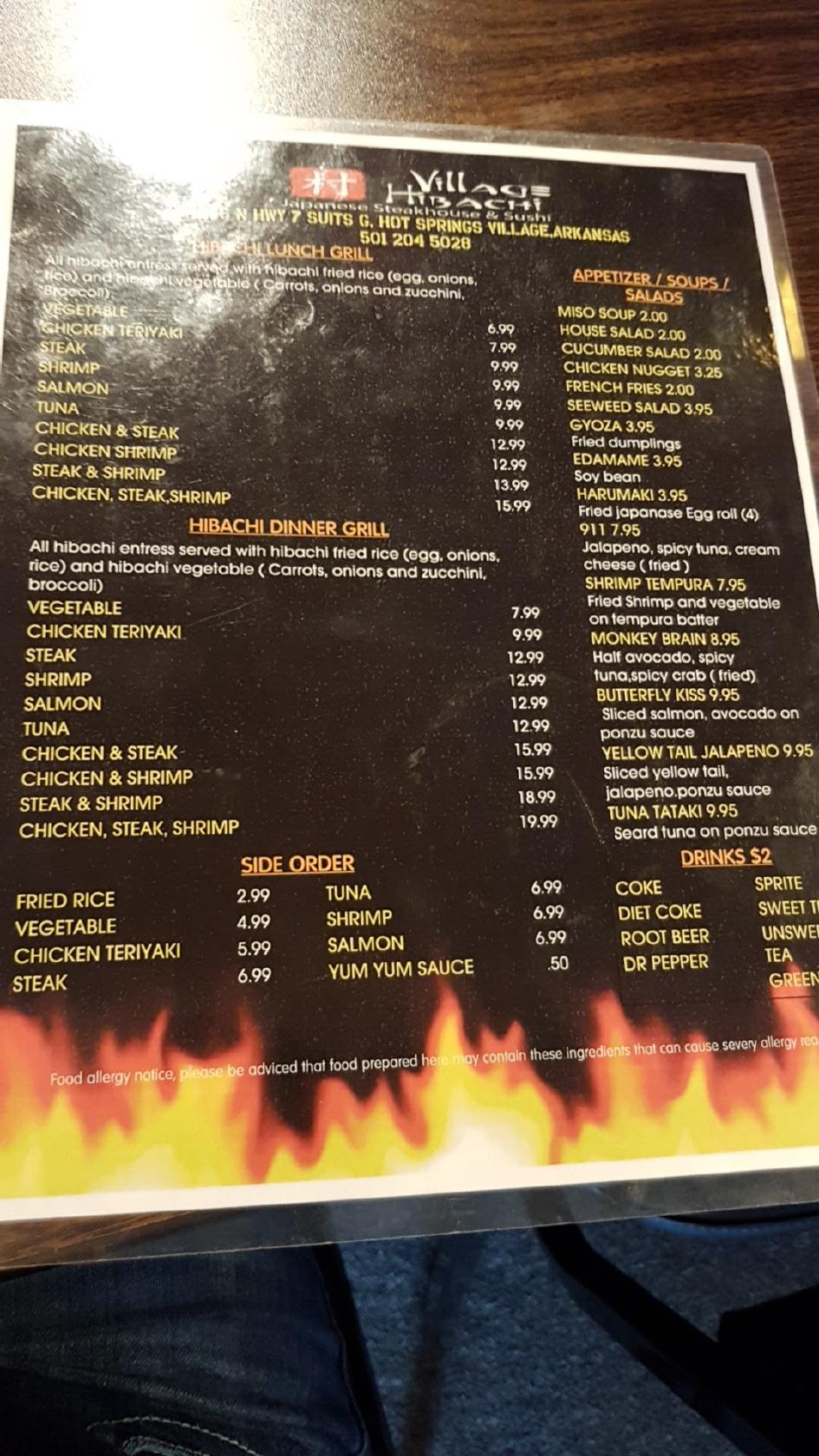 Menu at Village Hibachi restaurant, Hot Springs Village, N State Hwy 7