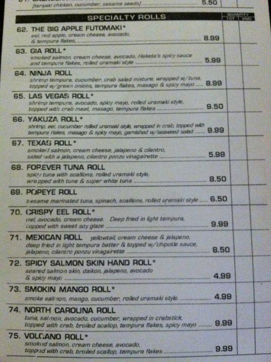 Menu at Hakata Teppanyaki, Sushi, and Ramen restaurant, Jacksonville