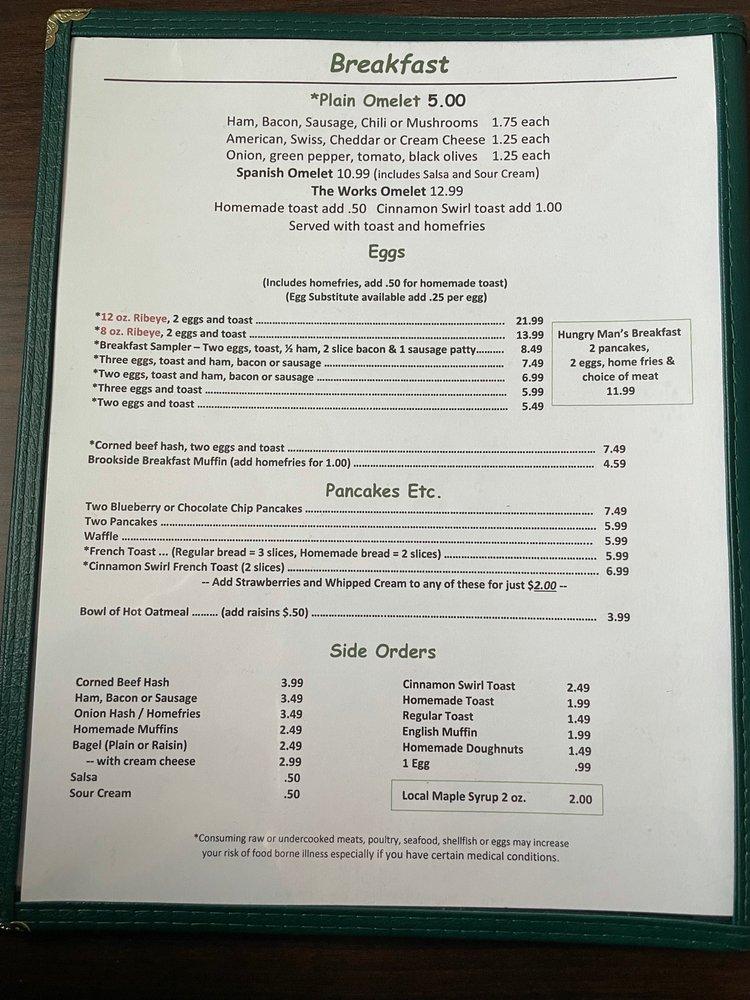 Menu at The Brookside Inn restaurant, Smyrna
