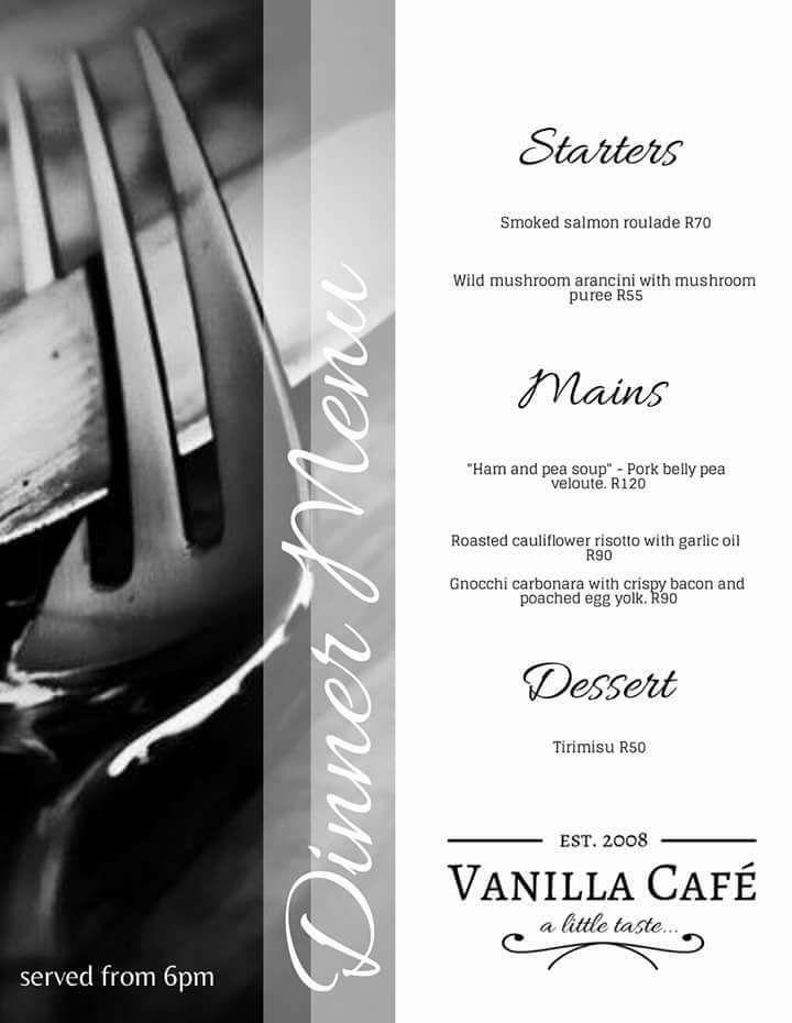 Menu at Vanilla Cafe, Greyton
