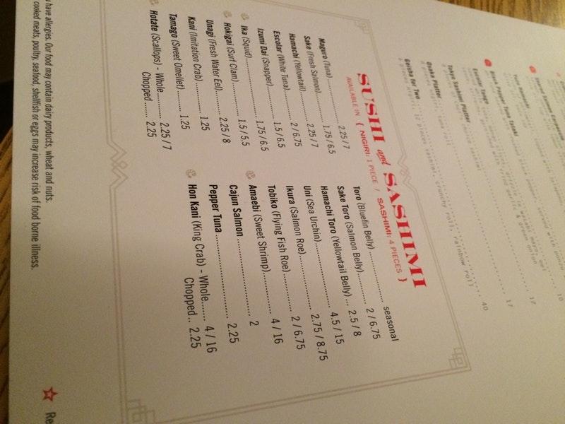 Menu at Sake restaurant, Kerrville