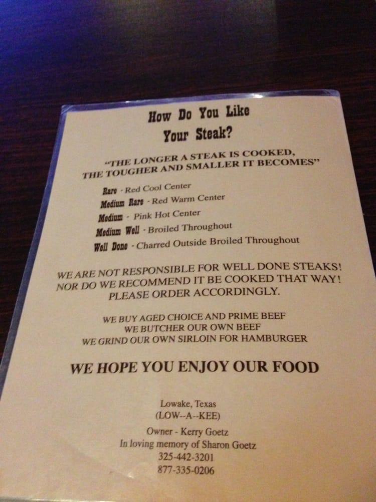 Menu at Lowake Steak House steakhouse, Rowena, US67