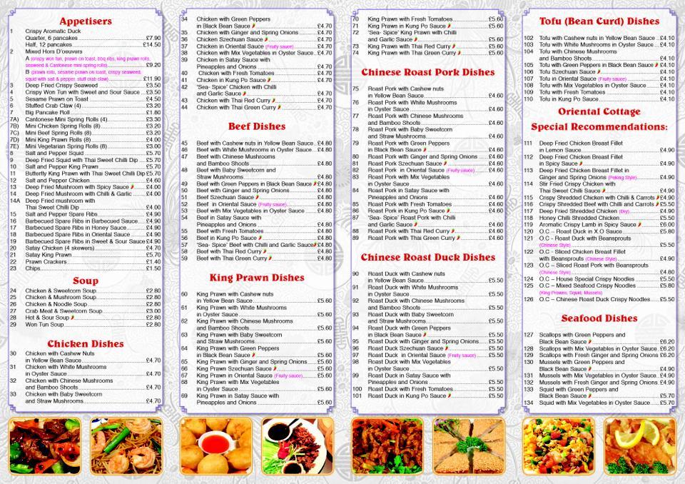 Menu at Oriental Cottage restaurant, Saffron Walden
