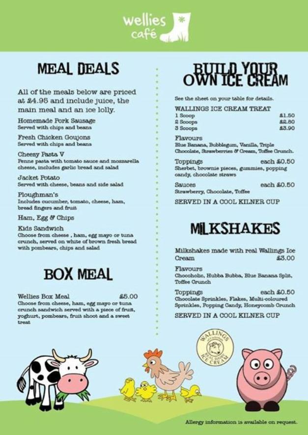 Menu at Wellies Cafe, Carnforth