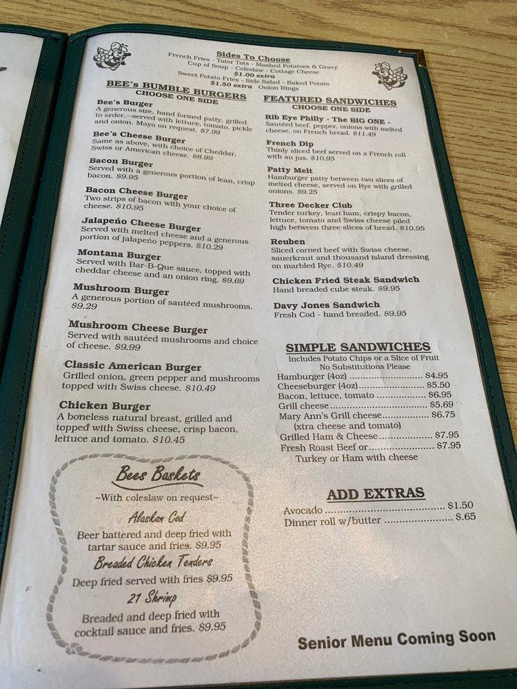 Menu at Busy Bee Cafe, Roundup