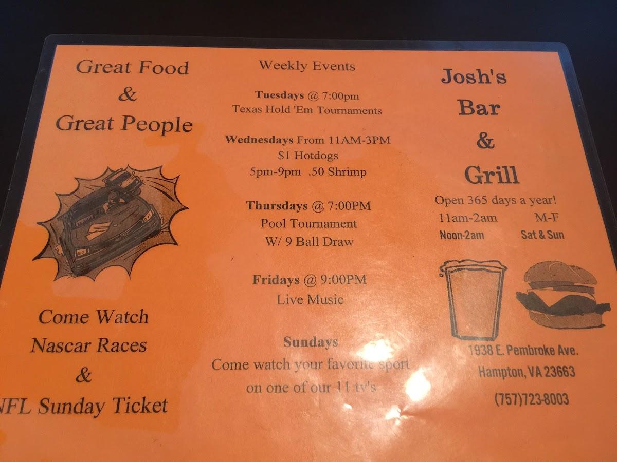 Josh's Bar And Grill Menu