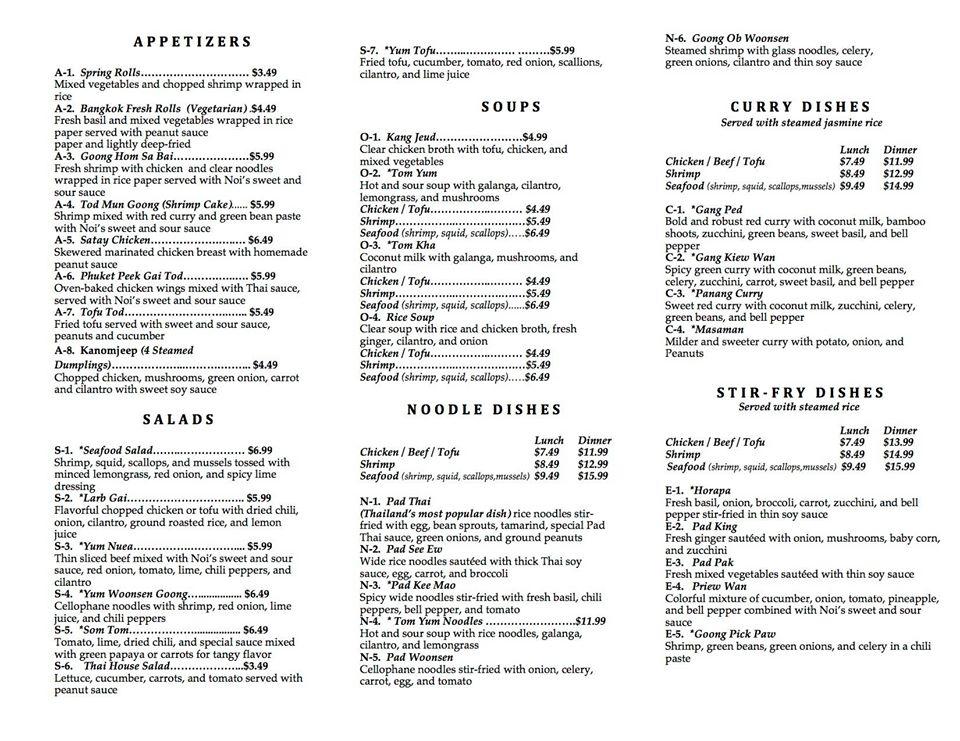 Menu at Baan Thai Kitchen restaurant, Asheville