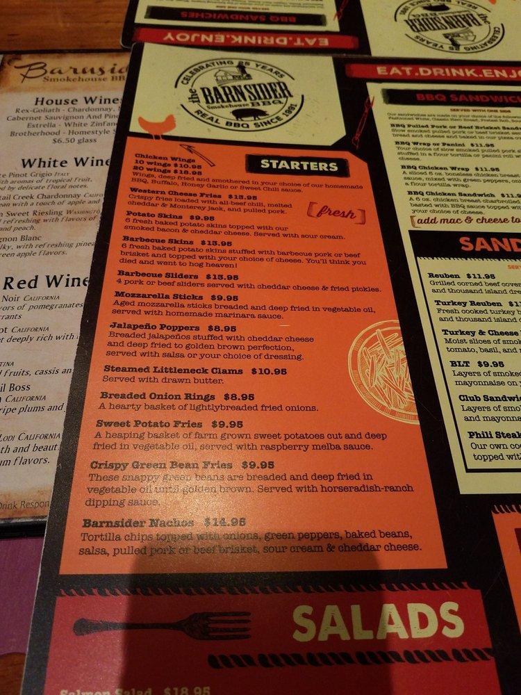 Menu at Barnsider Smokehouse BBQ, Lake