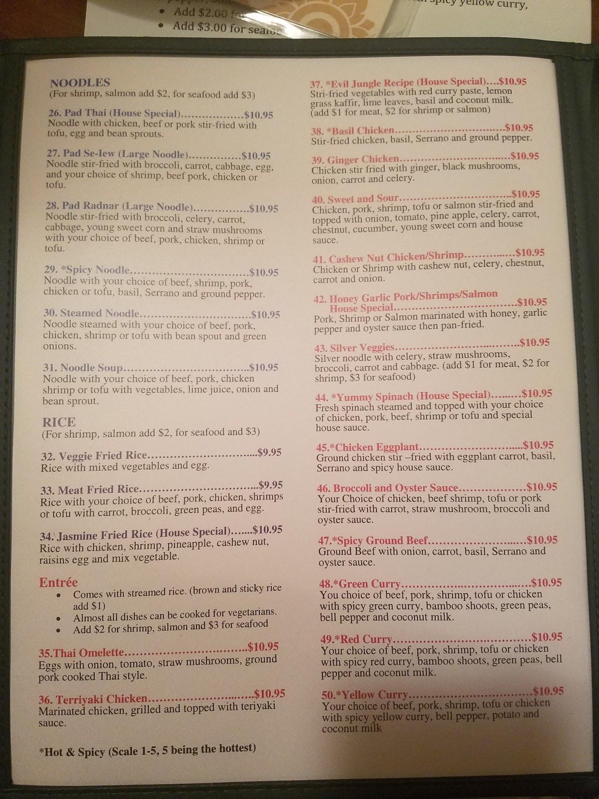 Menu at Thai Jasmine restaurant, Gardnerville