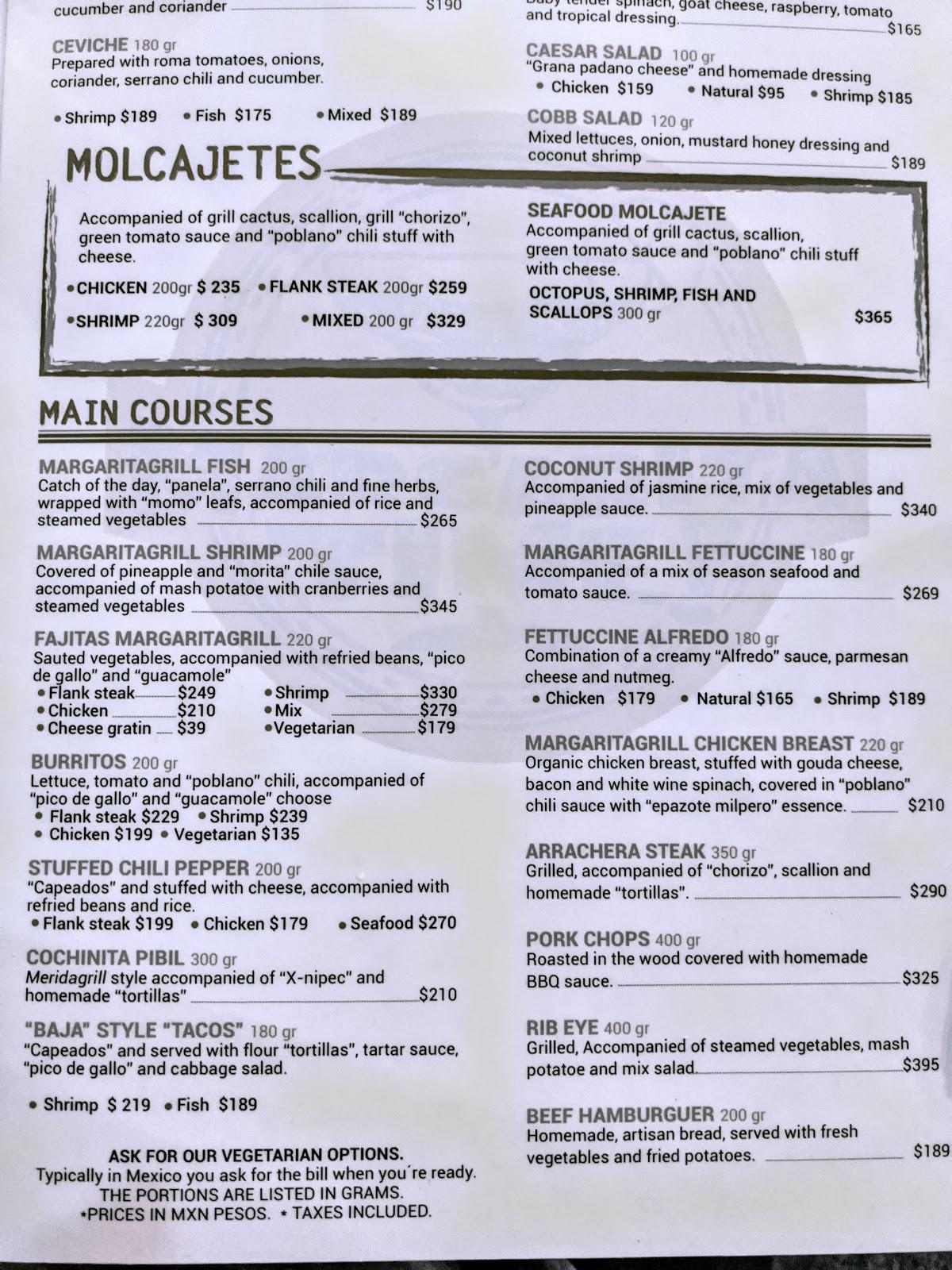 Menu at Margarita Grill restaurant, Puerto Vallarta