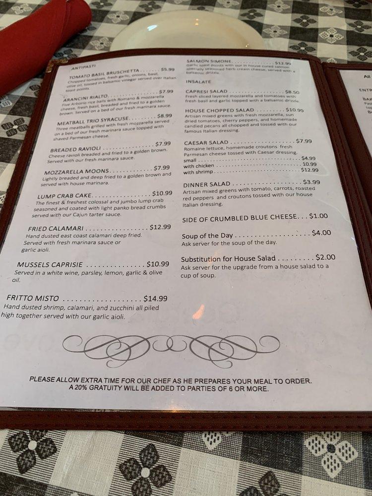 Menu at Rialto restaurant, Vidalia