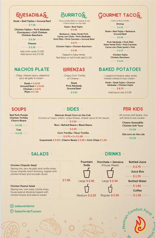 Menu at Salsa Verde Restaurant, Tucson, 210 N Pantano Rd