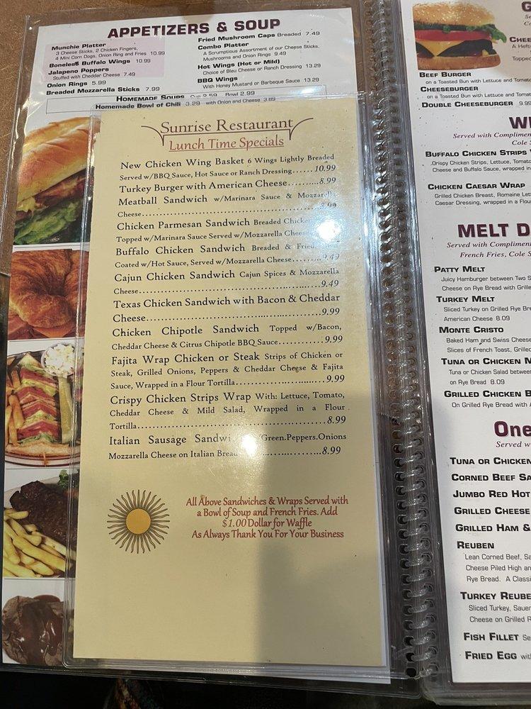 Menu at Sunrise Restaurant, Whiting