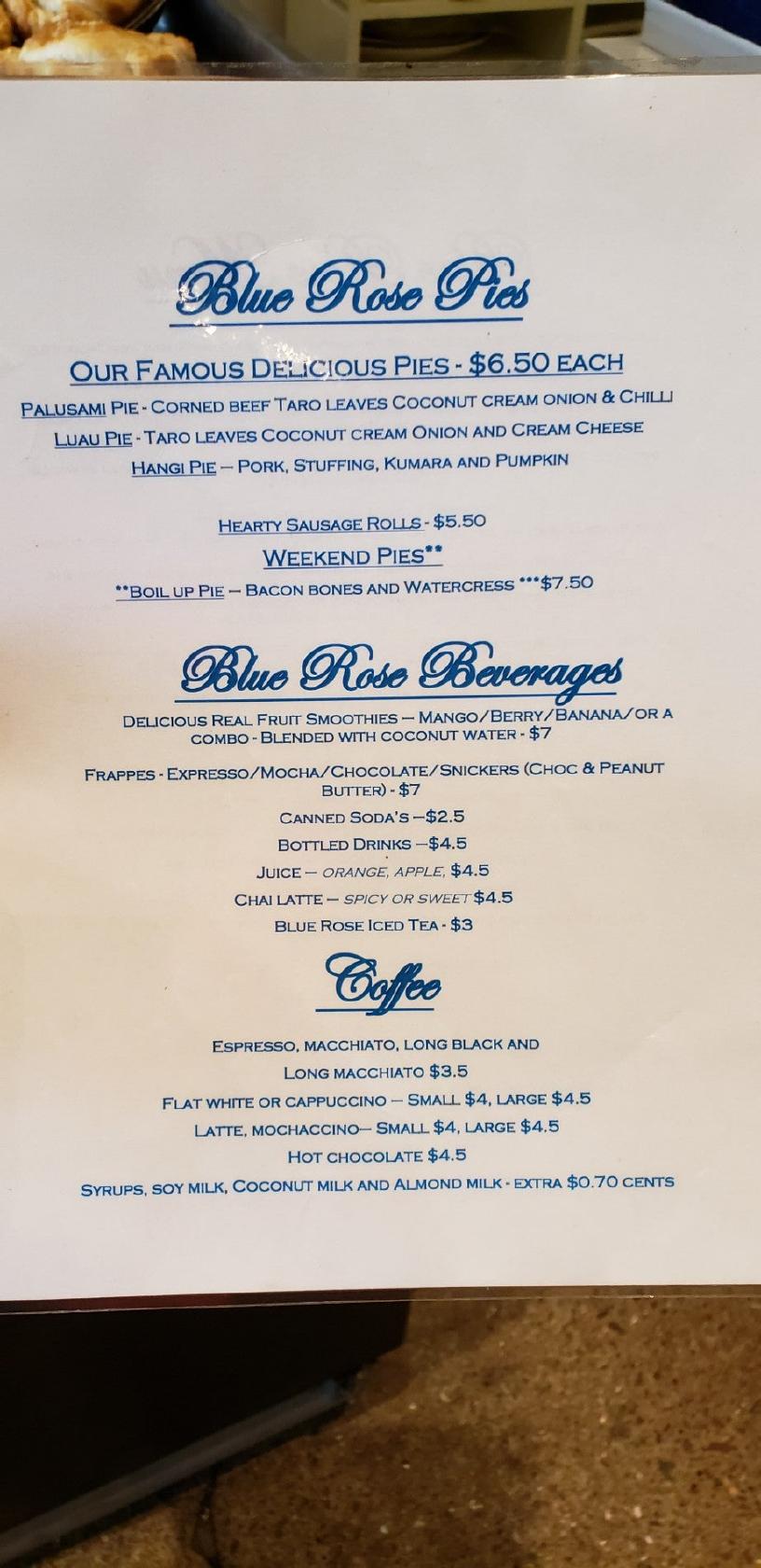 Menu at Blue Rose. cafe, Auckland