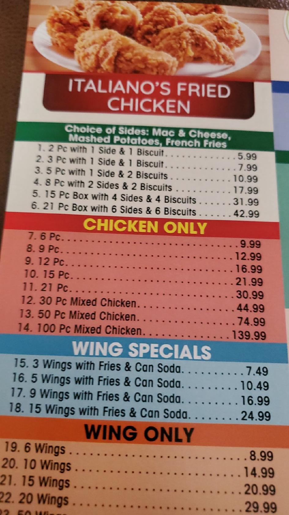 Menu at Italiano's pizza and wings, and fried chicken pizzeria