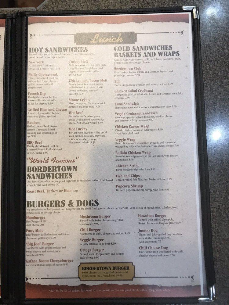 Menu at The Kafana at Bordertown restaurant, Reno, US395