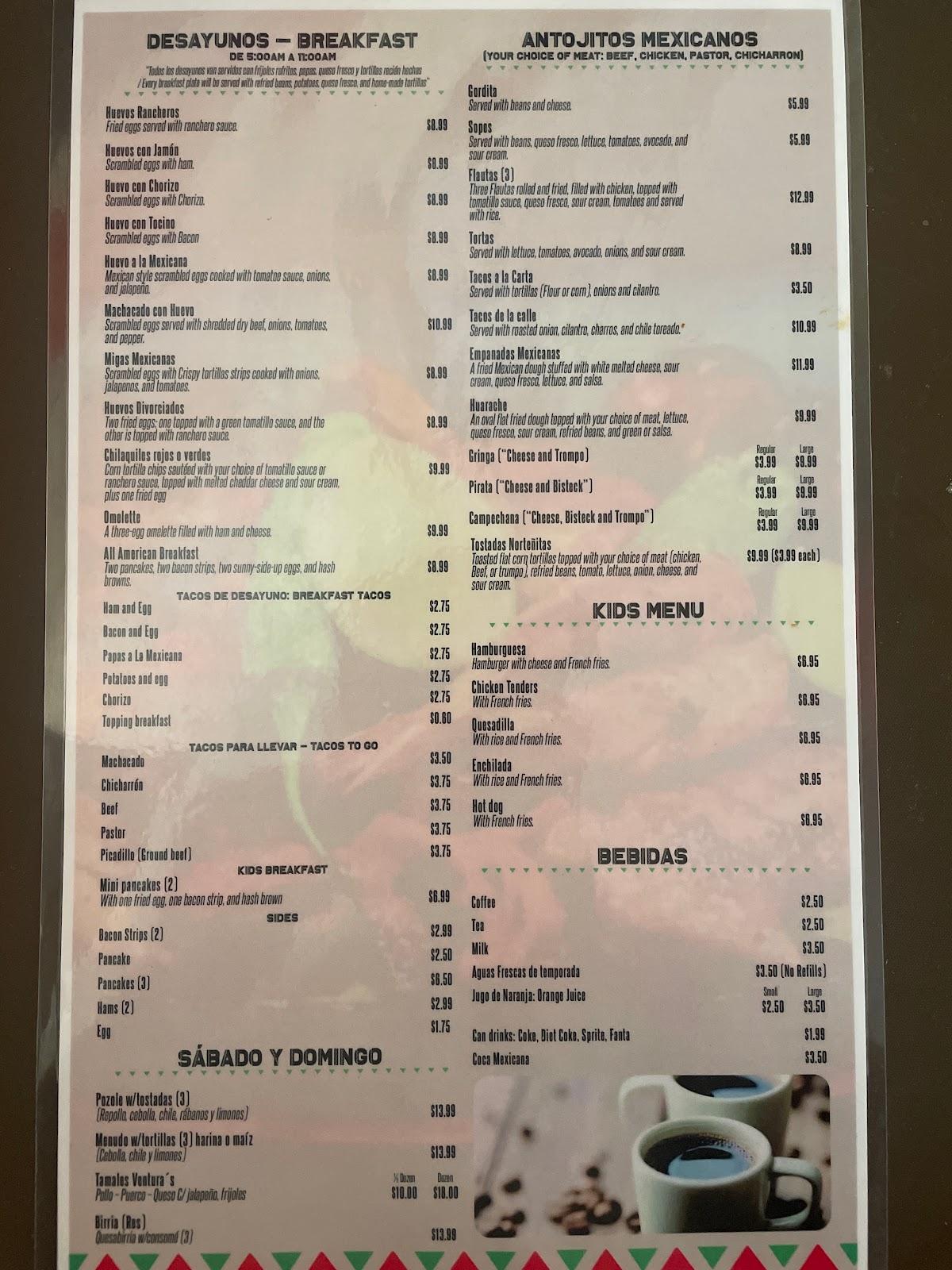 Menu at Ventura’s Mexican Restaurant, Crosby