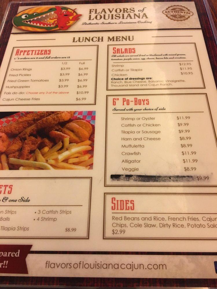 Menu at Flavors of Louisiana restaurant, Tulsa