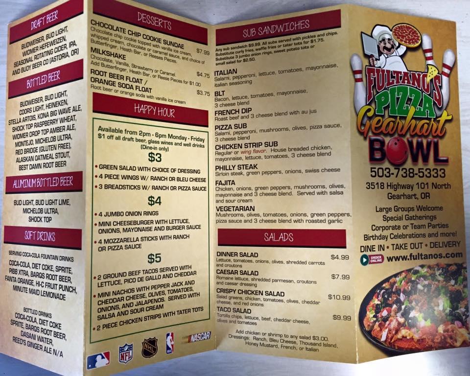 Menu at Gearhart Bowl & Fultano's Pizza pizzeria, Gearhart