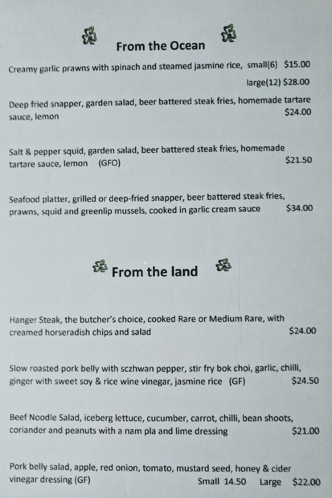 Menu at Shamrock Hotel Greenbushes pub & bar, Greenbushes