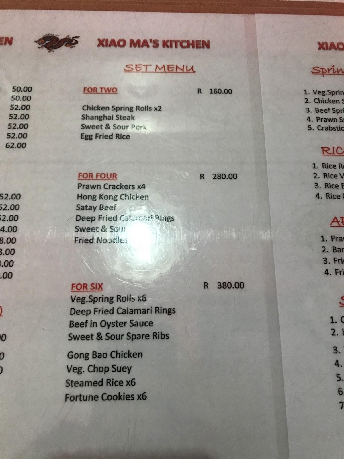 Menu at Xiao Ma’s Kitchen restaurant, East London