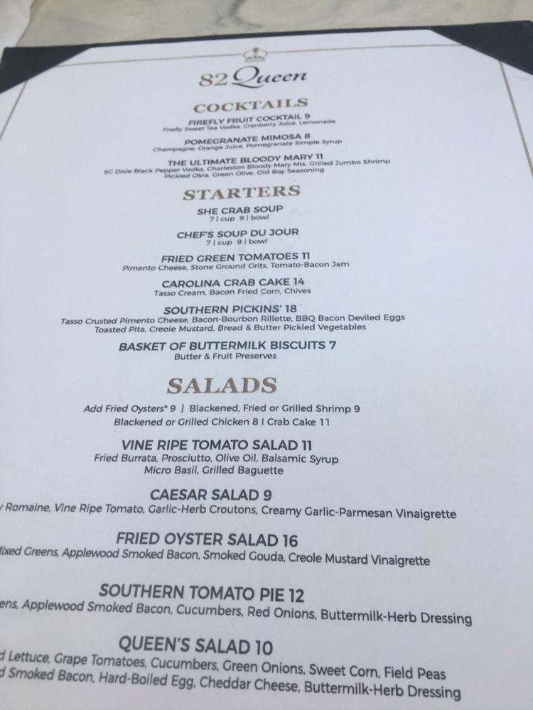 Menu at 82 Queen restaurant, Charleston