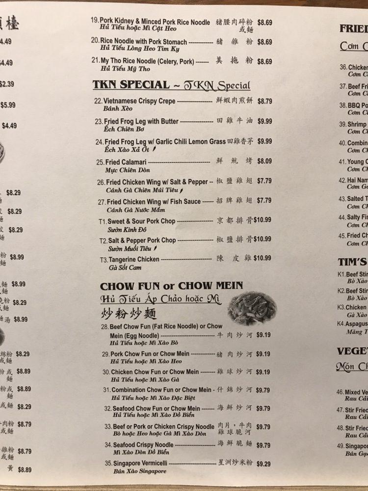 Menu at Tim Ky Noodle restaurant, San Diego