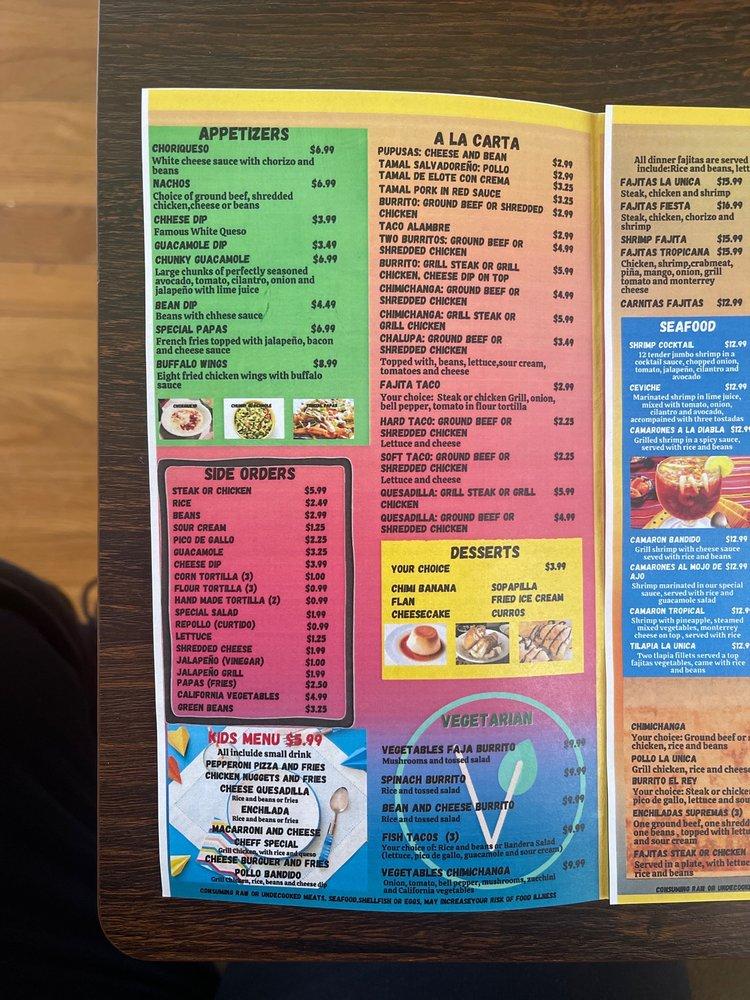 Menu at Pupuseria la unica and mexican restaurant, Radcliff