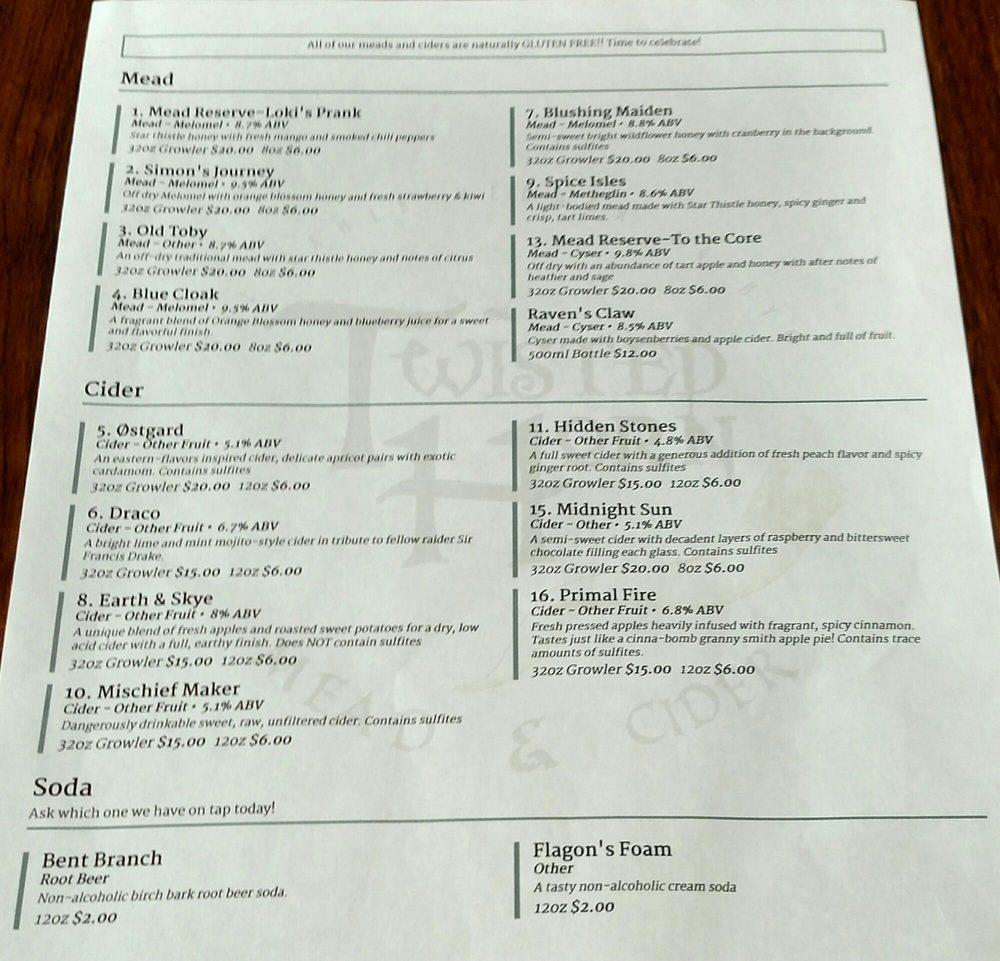 Menu at Twisted Horn Mead and Cider restaurant, Vista