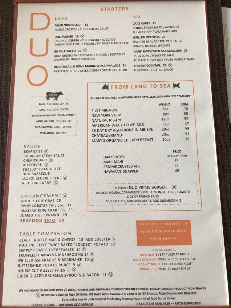 Menu at DUO Steak & Seafood steakhouse, WaileaMakena