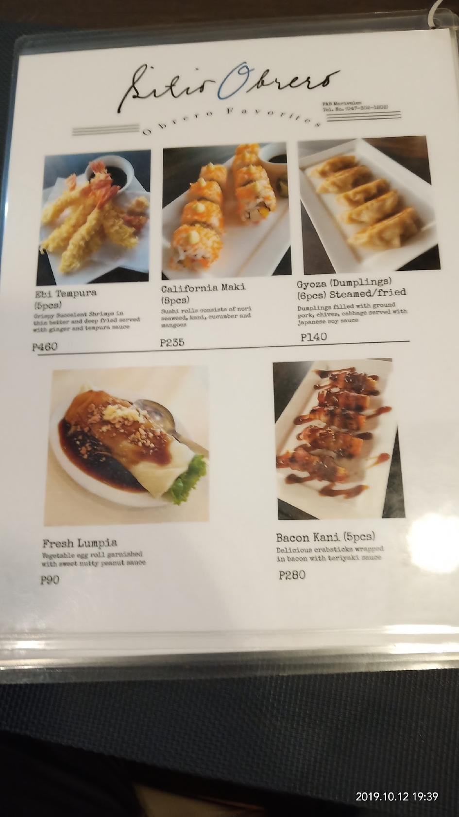 Menu at Sitio Obrero restaurant, Mariveles