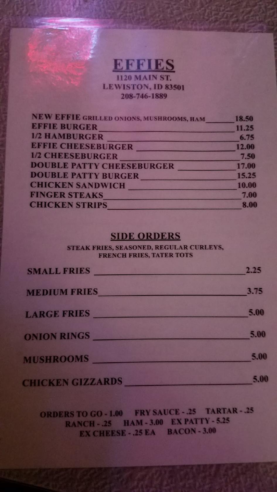 Menu at Effie Tavern restaurant, Lewiston