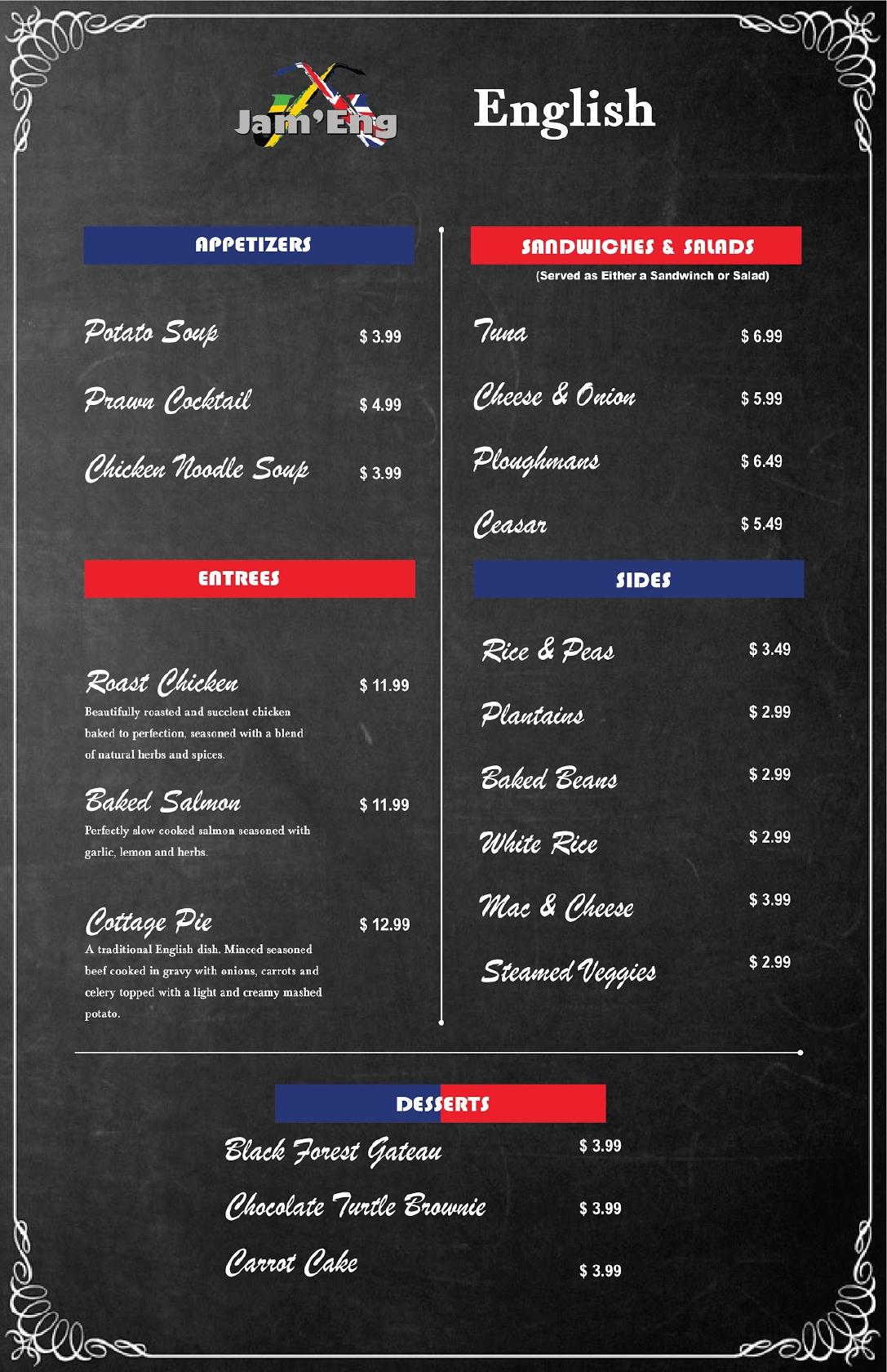 Menu at JamEng Caribbean And English Cuisine pub & bar, Orlando