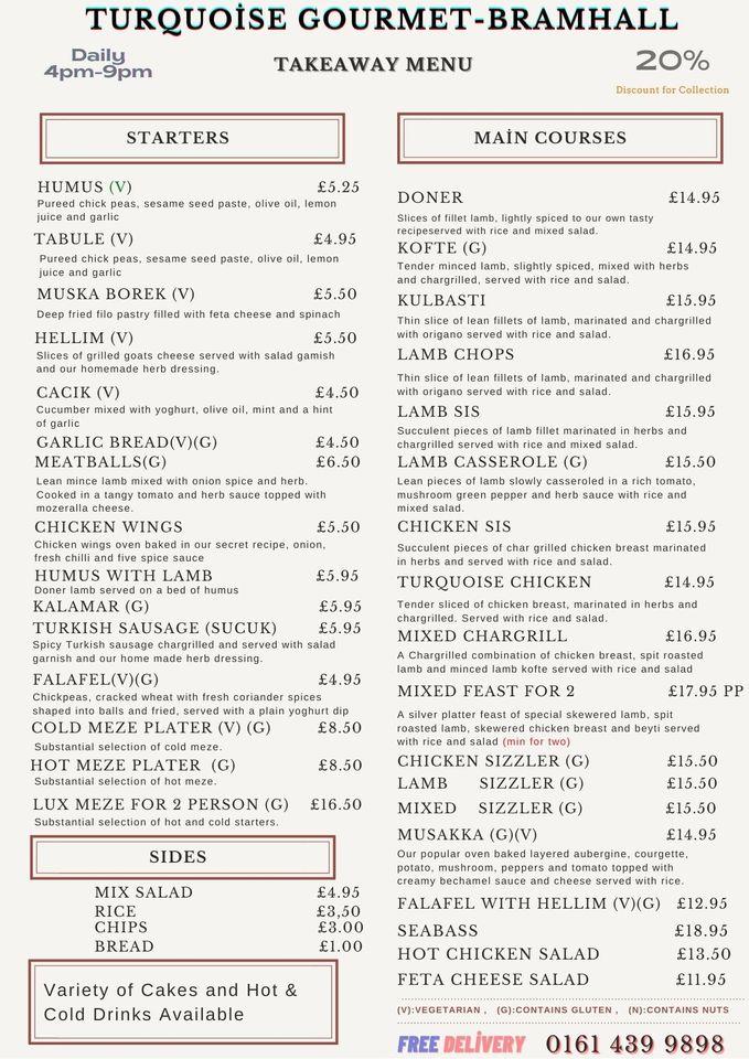 Menu at Turquoise Restaurant Bramhall, Bramhall, 1 2 Village Square