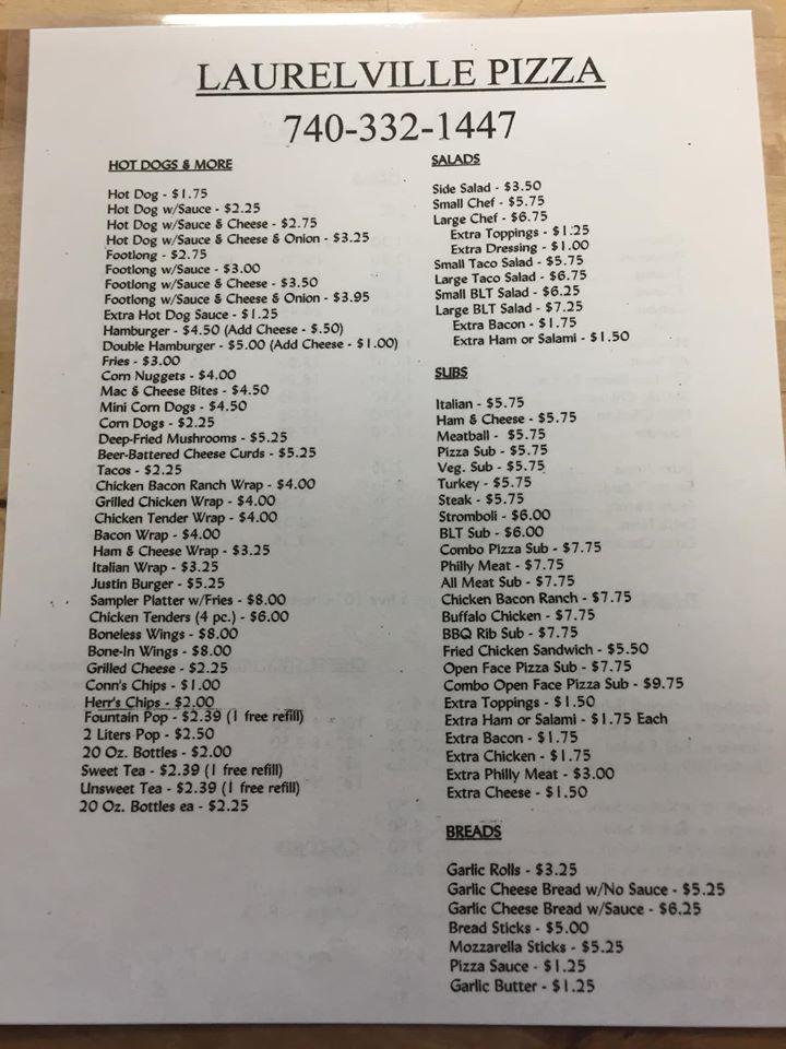 Menu at Laurelville Pizza pizzeria, Laurelville