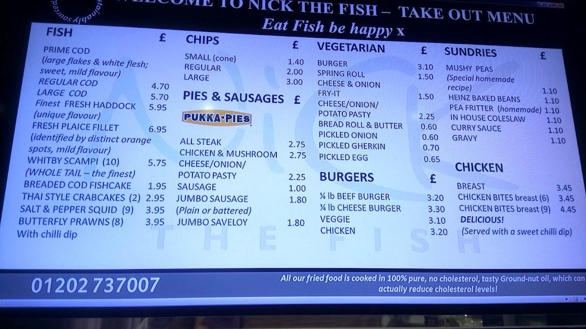 Menu at Nick The Fish of Penn Hill restaurant, Poole