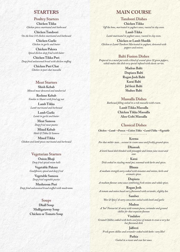 Menu at Darchini Indian Restaurant, Bolton