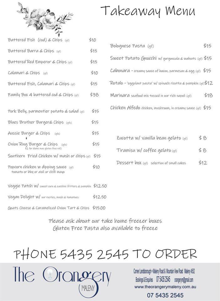 Menu at The Orangery Maleny restaurant, Maleny