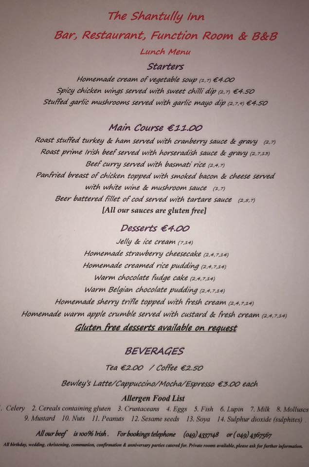 Menu At Shantully Inn, Bar ~ Restaurant ~ B&B, Crossdoney