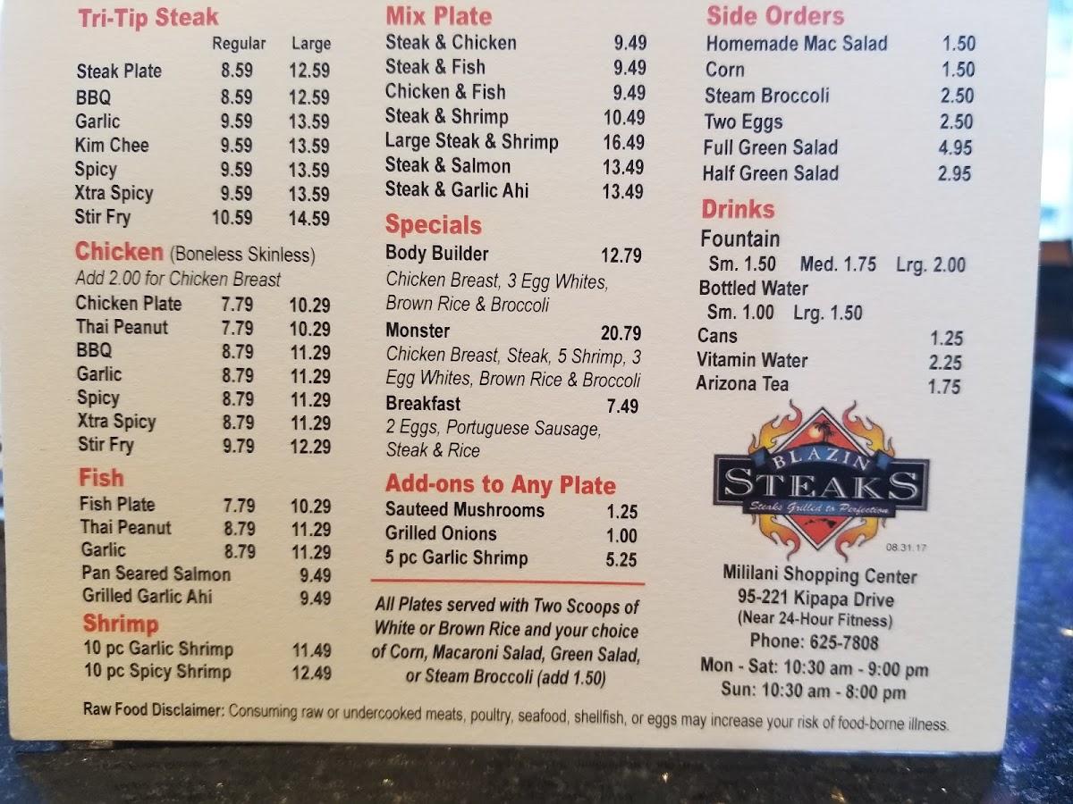 Menu at BLAZIN STEAKS Mililani Shopping Center steakhouse, Mililani, 95221 Kipapa Dr